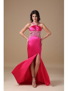 Hot Pink Column V-neck Brush Train Taffeta Beading Prom Dress