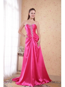 Hot Pink Empire Sweetheart Sweep / Brush Train Taffeta Beading Prom Dress