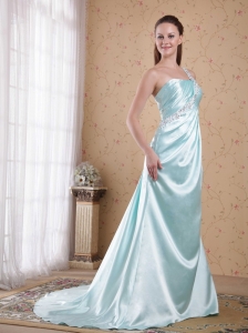 Light Blue Empire One Shoulder Brush / Sweep Elastic Woven Satin Beading Prom Dress