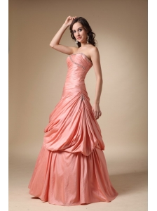 Watermelon Red A-line Strapless Floor-length Beading and Pick-ups Taffeta Prom Dress