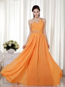 Orange Red Column / Sheath One Shoulder Floor-length Chiffon Beading Prom Dress