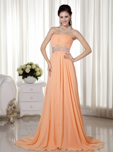 Light Orange Empire Strapless Brush Train Chiffon Beading and Ruch Prom / Celebrity Dress