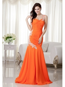 Orange Red Mermaid One Shoulder Brush Train Chiffon Prom Dress