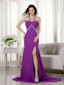 Purple Column Halter Brush Train Chiffon Beading and Ruch Prom / Celebrity Dress