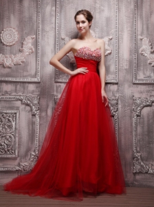 Red A-Line Sweetheart Brush Train Net Beading Prom Dress