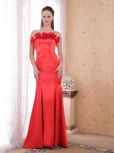 Red Mermaid Strapless Court Train Satin Hand Made Flower Prom Dress