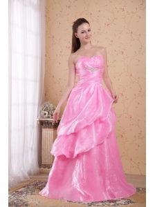 Rose Pink A-line / Princess Sweetheart Brush Train Organza Beading and Ruch Prom / Celebrity Dress