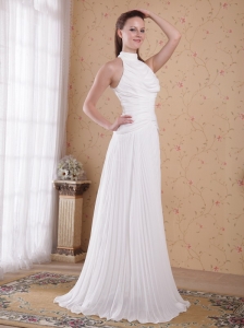 White Empire High-neck Floor-length Chiffon Pleat Prom Dress