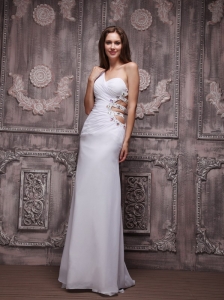 White Empire One Shoulder Brush Chiffon Ruch and Beading Prom / Evening Dress
