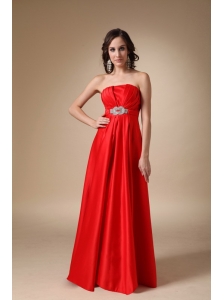 Wine Red A-line Strapless Floor-length Satin Beading Prom Dress