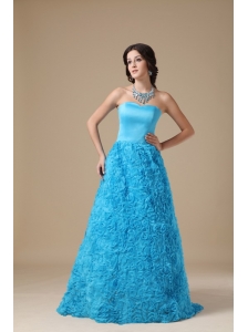 Teal A-line Strapless Floor-length Fabric With Rolling Flower Prom Dress
