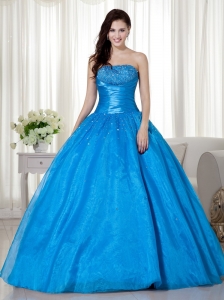 Sky Blue Ball Gown Strapless Floor-length Taffeta  Beading Quinceanera Dress