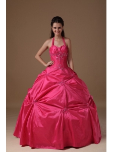 Coral Red Ball Gown Halter Floor-length Taffeta Beading Quinceanera Dress