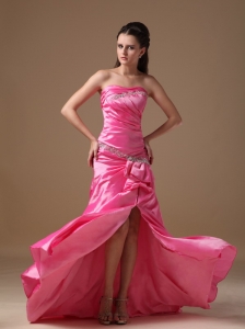Hot Pink Column Strapless Brush Train Taffeta Beading Prom Dress