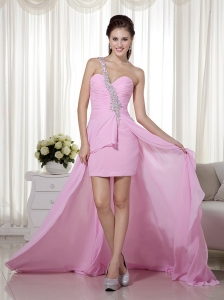 Pink Column / Sheath One Shoulder High-low Chiffon Beading Prom Dress