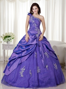 Purple Ball Gown One Shoulder Floor-length Taffeta and Organza Appliques Quinceanera Dress