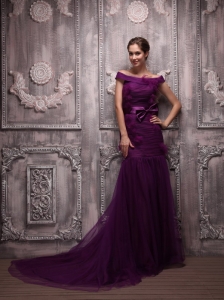 Dark Purple Mermaid Off The Shoulder Brush Train Tulle Hand Made Flowers Prom / Evening Dress