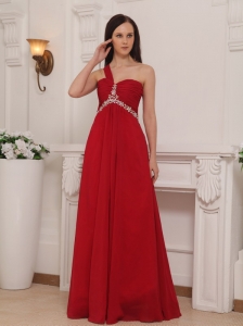 Red Empire One Shoulder Floor-length Chiffon Beading and Rush Prom Dress