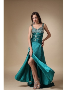 Turquoise Column Straps Brush Train Elastic Woven Satin Beading Prom / Evening Dress