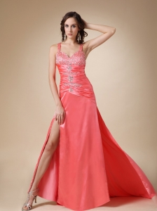 Watermelon Red Column Straps Brush Train Elastic Wove Satin Beading Prom / Evening Dress