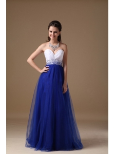 White and Royal Blue A-line Sweetheart Floor-length Tulle and Taffeta Beading Prom Dress