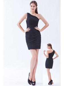 Black One Shoulder Mini-length Little Black Dress Chiffon Pleats Column / Sheath