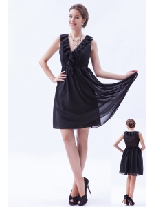 Black Empire V-neck Little Black Dress Chiffon Ruch Mini-length