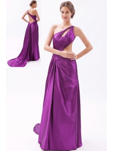 Eggplant Purple Column Asymmetrical Brush Train Chiffon Ruch and Beading Evening Dress