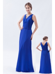 Royal Blue Column / Sheath V-neck Floor-length Chiffon Ruch Bridesmaid Dress