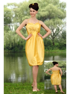 Yellow Column Straps Knee-length Taffeta Ruch Cocktail Dress