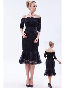 Navy Blue Column Off the Shoulder Tea-length Lace Beading Mother Of The Bride Dress