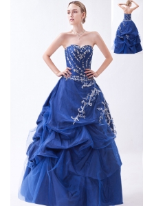 Blue A-line Strapless Prom Dress Appliques Floor-length Taffeta and Tulle