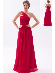 Wine Red Empire One Shoulder Floor-length Chiffon Ruch Bridesmaid Dress