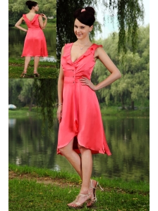 Watermelon Red Empire V-neck Prom / Homecoming Dress Taffeta Beading Knee-length