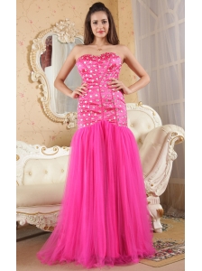 Hot Pink Mermaid Strapless Brush Train Prom Dress Organza and Taffeta Beading