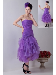 Lavender Mermaid Strapless Prom / Homecoming Dress Organza Ruch Tea-length