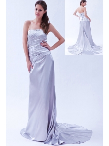 Lilac Column Strapless Beading Prom Dress Elastic Wove Satin Beading  Brush Train