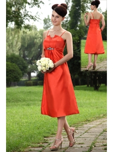 Orange A-line Straps Tea-length Taffeta Beading Bridesmaid Dress