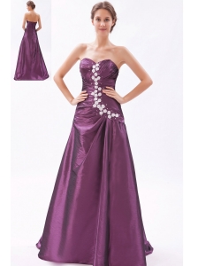 Dark Purple A-line / Princess Sweetheart Prom Dress Beading Brush Train Taffeta