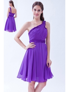 Purple A-line One Shoulder Chiffon Ruch Prom Dress Knee-length