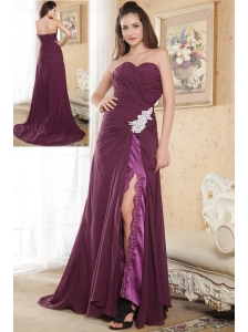 Dark Purple Column Sweetheart Prom Dress Chiffon Appliques Brush Train