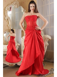 Red A-line Strapless Prom Dress Brush Train Taffeta Lace