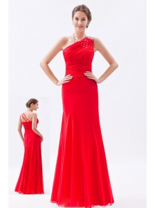 Red Column / Sheath One Shoulder Prom Dress Chiffon Beading Floor-length