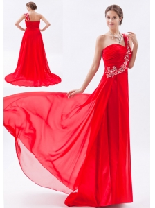 Red Empire One Shoulder Prom Dress Chiffon Beading Brush Train
