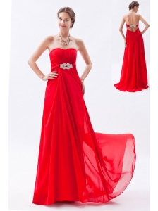 Red Empire Strapless Prom Dress Chiffon Beading  Brush Train