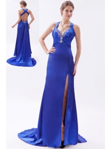 Royal Blue Column / Sheath Straps Prom Dress Embroidery with Beading Brush Train Satin