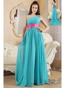 Turquoise Empire One Shoulder Prom Dress Chiffon Ruch and Beading Floor-Length