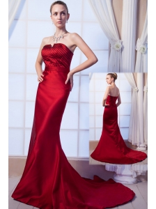 Wine Red Column Strapless Prom Dress Satin Beading Brush Train