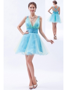 Blue A-line / Princess V-neck Prom / Evening / Homecoming / Cocktail Dress Organza Sequins Mini-length