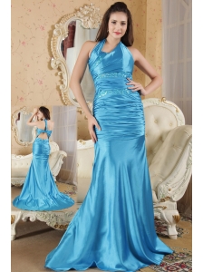 Aqua Blue Column Halter Prom Dress Elastic Woven Satin Sequins Brush Train
